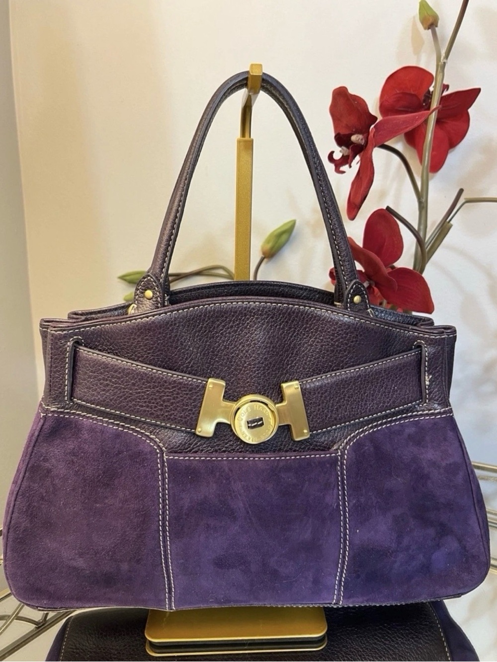 Cole Haan Purple Y2K Suede & Leather Top Handle Satchel with Gold Hardware
